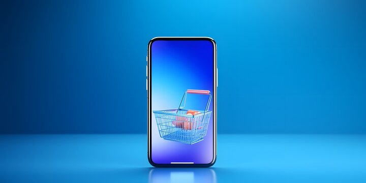 Online store on screen mobile phone with basket. Web Mockup for shopping and purchases. Banner template with empty copy space for promotion. 3D Rendering. Blue