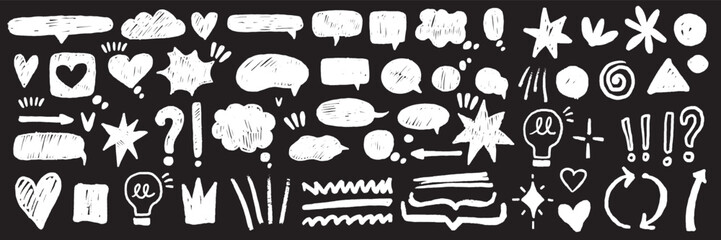 Speech bubble vector set, comic talk balloon doodle texture kit, hand drawn crayon cloud message. Speak sign dialog communication frame, hearts, arrow, question. Chalk marker speech bubble drawing box