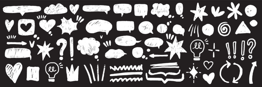 Speech bubble vector set, comic talk balloon doodle texture kit, hand drawn crayon cloud message. Speak sign dialog communication frame, hearts, arrow, question. Chalk marker speech bubble drawing box