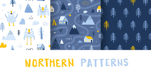 Set of scandinavian winter pattern with cute yeti. Seamless nordic vector print collection for kids textile. - obrazy, fototapety, plakaty