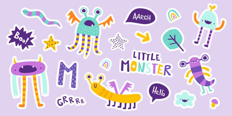 Set of cute doodle monster stickers. Vector collection of funny little monsters for kids. Bright cartoon beasts. © Sonium_art