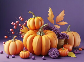 3D style pumpkins and autumn fruits on purple background
