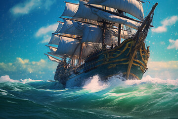 Historisches Segelschiff mit gesetzten Segeln im Sturm. Piratenschiff