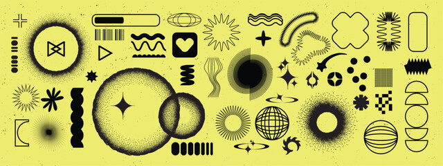 Retro futuristic geometric shape set, vector cyberpunk y2k icon kit, modern brutalist figure. Grunge minimal symbol poster, techno grain particle sphere, stars, wavy lines. Retro futuristic acid print