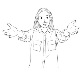 young female welcome open hand pose character cartoon illustration