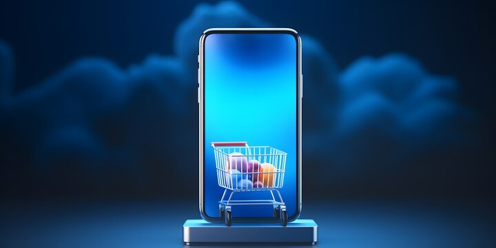 Online store on screen mobile phone with basket. Web Mockup for shopping and purchases. Banner template with empty copy space for promotion. 3D Rendering. Blue