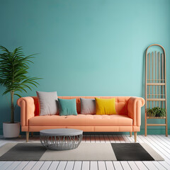A bright living room, bright pink walls and a blue couch.