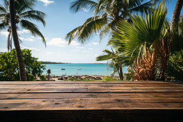 Empty wooden table with palm leaves