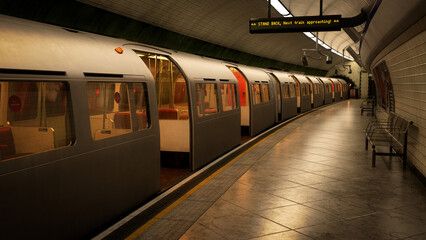 Underground train station platform with train doors open for boarding. 3d illustration.