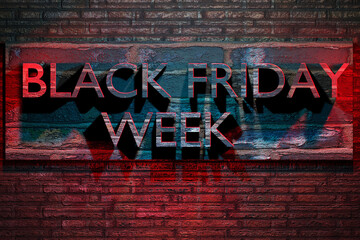 Black Friday Week text on grunge brick wall. Banner for advertising design. 3D render illustration. - obrazy, fototapety, plakaty