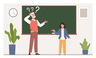 Bewildered teacher stands at blackboard. Confused man with question sign. Pupil and adult discussion. Teaching genius child. Cartoon flat illustration. Vector education and knowledge concept