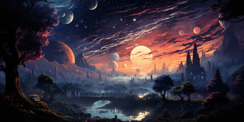 horizon digital art sunset high detailed