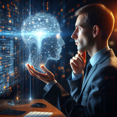 AI Artificial Intelligence. Business man using AI technology for data analysis, coding computer language with digital brain, machine learning on virtual screen, business intelligence