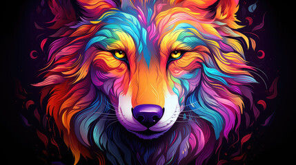 Abstrakcyjny kolorowy obraz przedstawiający twarz wilka.  - obrazy, fototapety, plakaty