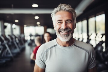 Elderly man smiling in the gym by Generative AI - obrazy, fototapety, plakaty