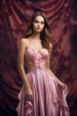 Obraz na płótnie Canvas A beautiful model dressed in a luxury pink dress on a luxury background