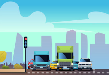 Cars at intersection waiting for green traffic signal. Truck van and taxi. Automobiles on highway. Urban road. City transport. Minivans and sedans. Cartoon flat isolated vector concept