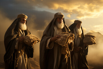 The three wise men or three kings on a journey to see the baby jesus