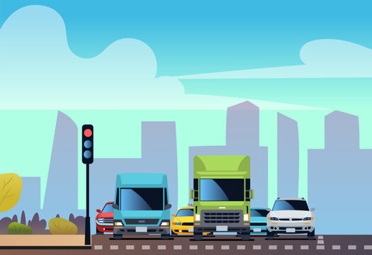 Fototapeta Cars at intersection waiting for green traffic signal. Truck van and taxi. Automobiles on highway. Urban road. City transport. Minivans and sedans. Cartoon flat isolated vector concept