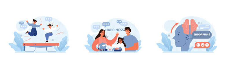Happiness set. Joyful duo bouncing on trampoline, family sharing sweet moments, brain releasing feel-good endorphins. Shared joy, quality family time, brain science. Flat vector illustration.