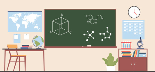 Fototapeta premium Classroom interior with blackboard and teachers desk. Chemistry or geography empty room. Books on shelves and timetable on wall, microscope and globe. Cartoon flat isolated vector concept