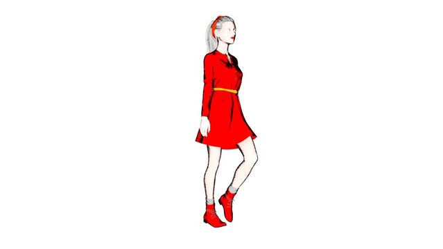 woman in red dress walking smooth fashion cakewalk cartoon style