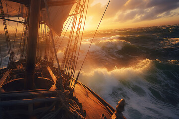 Historisches Segelschiff mit gesetzten Segeln im Sturm. Piratenschiff