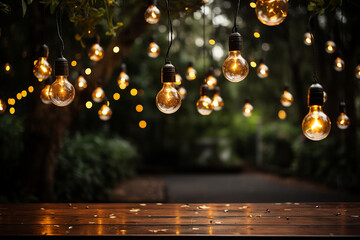 Party lights hanging on trees in garden background