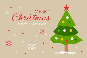 Merry Christmas and Happy New Year greeting festival with tree, star and snowflakes illustration vector.