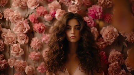 Fototapeta premium portrait of beautiful young woman with pink sore flowers, beauty and fashion concept, skin and hair care