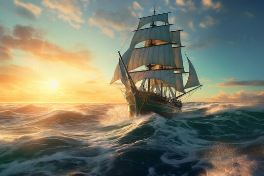 Historisches Segelschiff mit gesetzten Segeln im Sturm. Piratenschiff