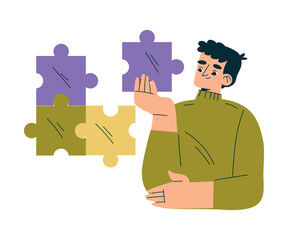 Education with Man Character with Jigsaw Puzzle Piece Learning and Study Vector Illustration