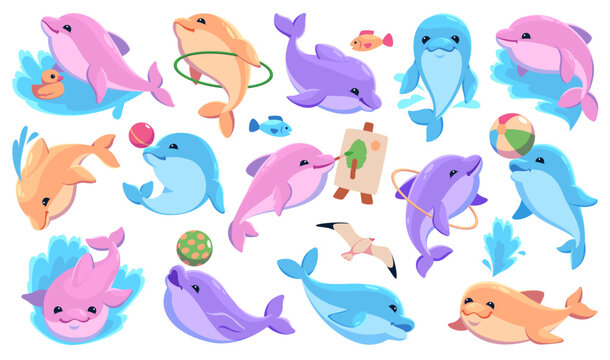 Funny dolphin characters. Cartoon marine animal with show accessories, performing tricks elements, cute underwater fauna, oceanarium inhabitants playing with ball and drawing, tidy vector set