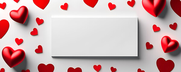 Empty blank paper on white background with 3d and paper made red valentine hearts. Banner with copy space for Valentine's day card design. Above view. - obrazy, fototapety, plakaty