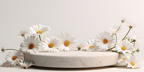 Stone podium Cosmetic display stand with daisy blossom flowers on white background. 3D rendering