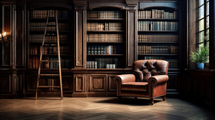 a library with a wooden floor and dark wood bookshelves and a cozy armchair