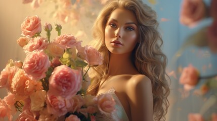 Obraz na płótnie Canvas beautiful woman with pink blooming flowers portrait, young glamour and luxury female with stylish hair, makeup and beauty concept