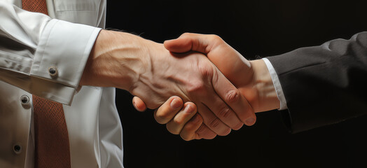 Fototapeta premium A doctor in a white coat warmly shakes hands with a patient, likely in a clinic or medical setting.