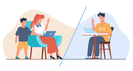 Husband communicates remotely with family using internet communication. Mother and son at home with laptop. Father sitting at desk in office. Online talking. Cartoon flat vector concept