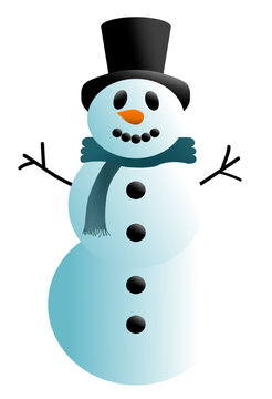 Vector graphic of a snowman with top hat. View to the front. 3D effect through lights and shadows. Turquoise scarf with fringes.