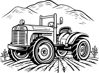 Vintage Harvest Farm Truck in Autumn Countryside Outline Icon in Hand-drawn Style