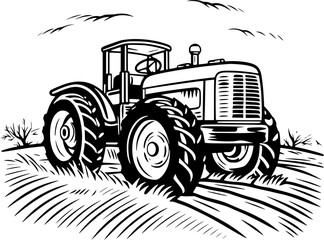 Vintage Harvest Farm Truck in Autumn Countryside Outline Icon in Hand-drawn Style