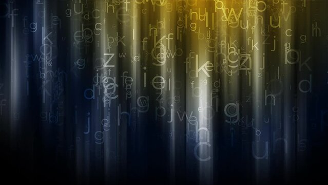 Dark blue background with yellow glowing light and falling letters of English alphabet. School looped background.