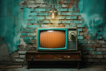 stary telewizor z kineskopem ii szklanym ekranem na starej szawce przed starą ścianą z cegły i z obdartym tynkiem z prl u prlu prl-u - obrazy, fototapety, plakaty