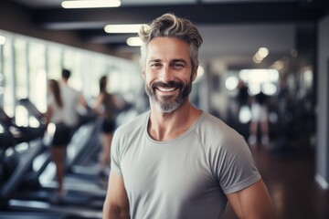 Man smiling in the gym by Generative AI - obrazy, fototapety, plakaty