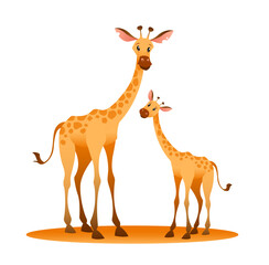 Mother giraffe with her cub. Tropical jungle mom and child. Motherhood and childhood. Childish nursery decor. African fauna adorable characters. Cartoon flat isolated vector concept