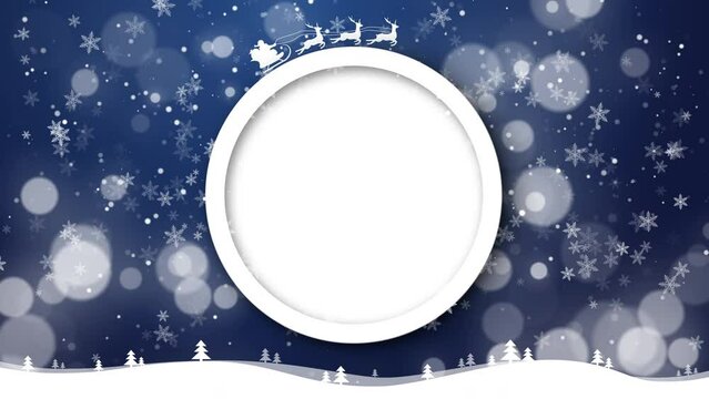 Origami paper art of Christmas tree and Santa with reindeer. White round postcard with space for text. Merry Christmas and Happy New Year loop animation.