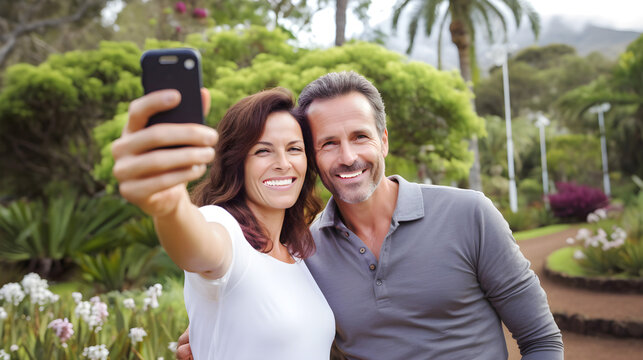 Travel middle-aged couple happy making selfie portrait with smartphone in landscape of the tropical garden of Monte on the island of Madeira.
