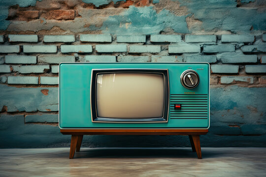 Fototapeta stary telewizor z kineskopem ii szklanym ekranem na starej szawce przed starą ścianą z cegły i z obdartym tynkiem z prl u prlu prl-u