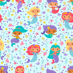 Seamless pattern with mermaids. Funny little underwater princesses. Decor textile, wrapping paper, wallpaper design. Childish print for fabric. Cartoon flat style isolated vector concept